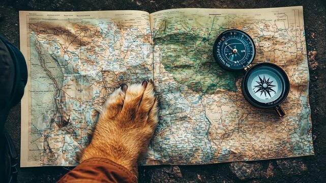 A dog paw resting on a flat lay of hiking gear, including a map and compass. digital