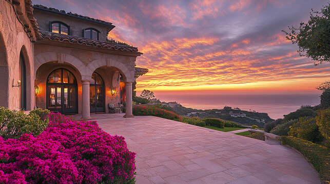 Majestic hilltop estate with panoramic ocean views at sunset