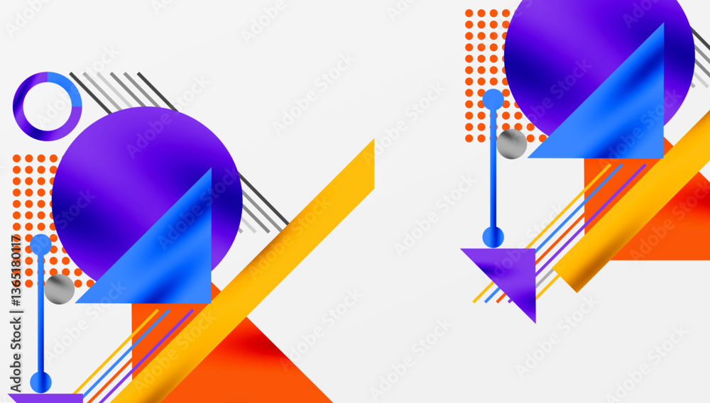 Poster Geometric Abstract Background with Bold Shapes and Contrasting Colors. Circles, triangles, squares and lines with shadow effect