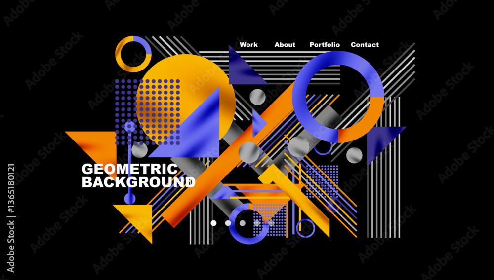 Poster Geometric Abstract Background with Bold Shapes and Contrasting Colors. Circles, triangles, squares and lines with shadow effect