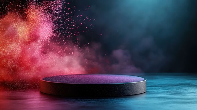 A circular platform sits amid dynamic pink and blue smoke in a dark environment, creating a stunning visual perfect for artistic showcases or themed events.