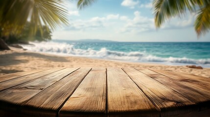 Wooden Table with Blurred Tropical Beach Background