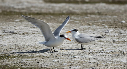 Fototapeta premium Elegant terns engaging in social behavior on a barren coastal landscape during daylight
