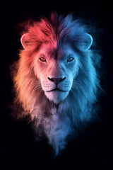 A beautiful, colorful digital art-style illustration of a powerful lion, with a dark background and