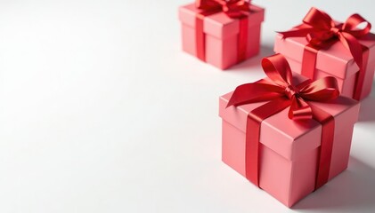 Obraz premium Elegant red ribbon tied gift boxes on white background, repeat, bow, wallpaper