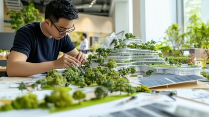 A sustainable architect designing eco friendly buildings with green roofs, architectural studio with building models, solar panels