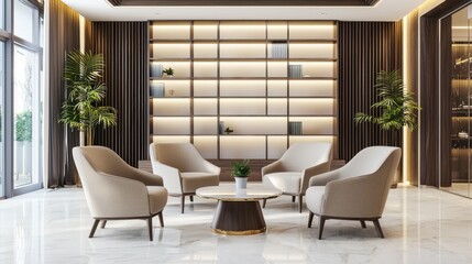 A luxury business lounge storefront with elegant seating, warm lighting, and executive branding, exclusive networking, corporate success