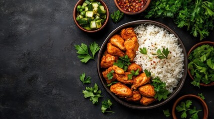 A hearty plate of spicy chicken paired with fluffy rice and a selection of savory dips, embodying comfort food at its best and a feast for the senses.