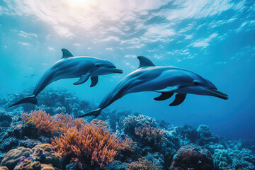 Naklejka premium Two dolphins gracefully swim above a vibrant coral reef in the ocean.