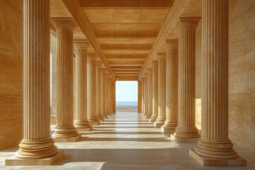 Fototapeta premium Geometric Patterns and Tranquil Blue Waters Express the Theme of Extinction and Finality in a Serene Coastal Architecture Setting
