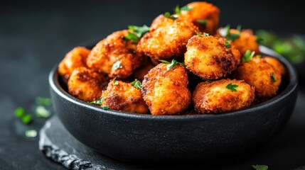 A mouthwatering close-up of golden-brown crispy fried snack bites served in a black bowl, garnished with fresh herbs, showcasing savory goodness and a hearty appeal.