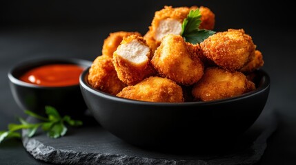 An inviting display of golden chicken nuggets served in a bowl, accompanied by a dip, creating a tempting snack that promises to satisfy cravings and bring joy to gatherings.