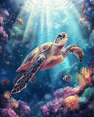 Fototapeta premium Majestic Sea Turtle Gracefully Swimming in Vibrant Coral Reef