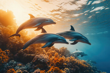 Fototapeta premium Three dolphins swim gracefully over a vibrant coral reef, bathed in golden sunlight.