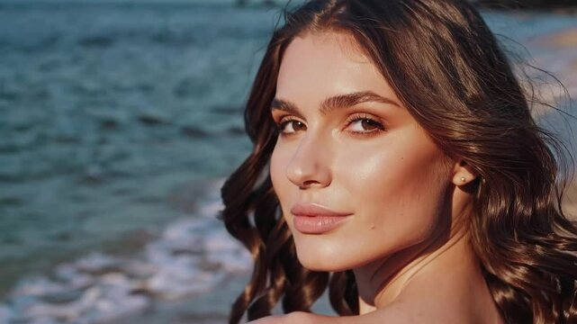 Portrait of a beautiful woman close to the sea or ocean at the beach looking at the camera and smiling.