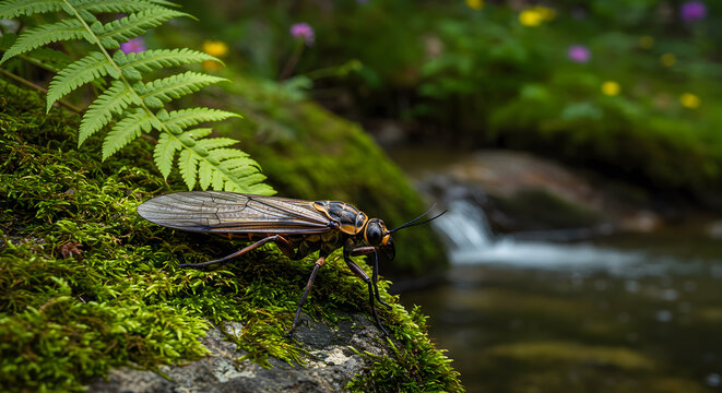Dobsonfly on mossy rock near creek, a serene encounter with wildlife in nature
