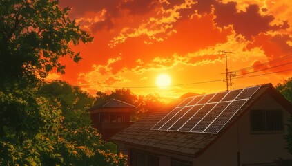 A beautiful sunset illuminates the house and its green surroundings