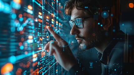 Young focused technician interacting with a complex futuristic digital data screen displaying graphs and metrics for an advertising presentation about big data analysis.