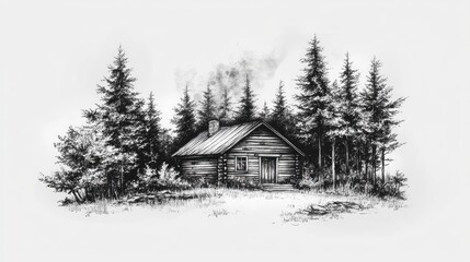 A rustic wooden cabin nestled among tall evergreen trees with smoke rising from the chimney
