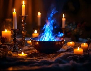 A bowl with a blue fire in it sitting on a table surrounded by lit candles and candlesticks