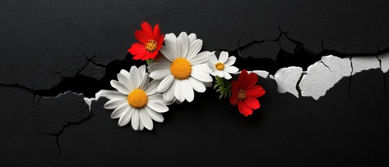 A black and white cracked wall with six red and white flowers.