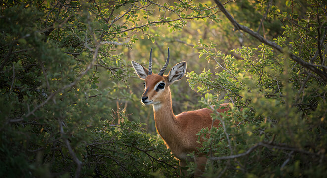 Elegant Sharpe's Grysbok Amidst Thicket Foliage in Natural Light Setting