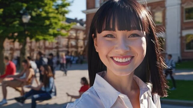 Portrait of a young Asian woman or businesswoman or student walking in the city looking at the camera and smiling.