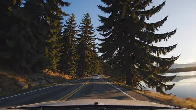 POV shot of driving on a tree-lined road in the mountains close to a lake.
