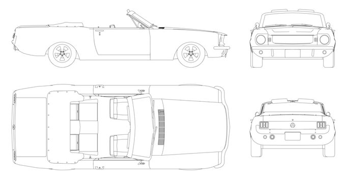 A car is shown in a series of drawings, with the front and back views shown in detail. The car is a classic model, with a sleek design and a convertible top. Scene is one of elegance