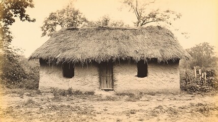 Weathered Mud Hut with Thatched Roof, Representing Traditional or Impoverished Housing