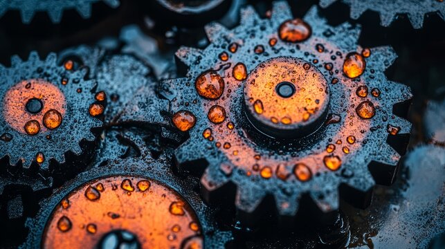 Close-up of metallic gears with water droplets in a mechanical workshop setting during the early morning