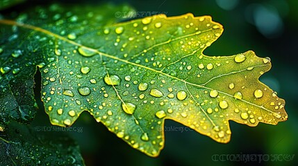 Fototapeta premium Wet Green Acorn Leaf with Raindrops, Capturing the Beauty of Nature's Wet and Refreshing Look