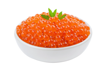 Fresh red caviar in white bowl with green garnish on black background, cut out