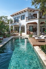 Fototapeta premium Luxurious two story white house featuring a swimming pool and balconies