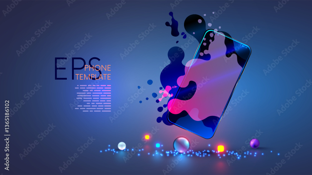 Poster 3d smart phone at angle hanging over reflection desk. Modern cell phone with abstract digital splash on screen. Mock up empty electronic gadget. Vector fluid particles on touch screen modern phone.