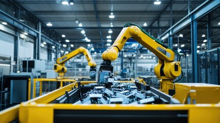 An advanced recycling plant where robotic arms are sorting and processing rare earth metals from discarded electronics, AI-powered scanning systems identifying valuable materials, High-tech style