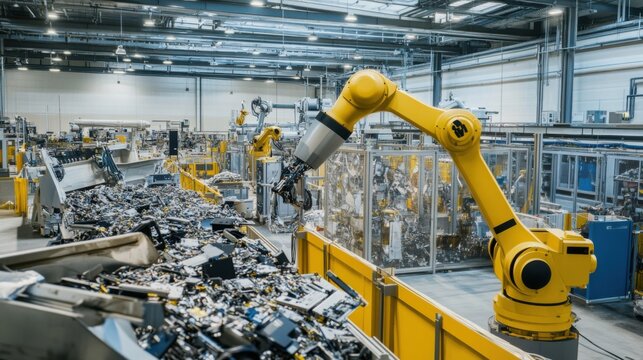 An advanced recycling plant where robotic arms are sorting and processing rare earth metals from discarded electronics, AI-powered scanning systems identifying valuable materials, High-tech style