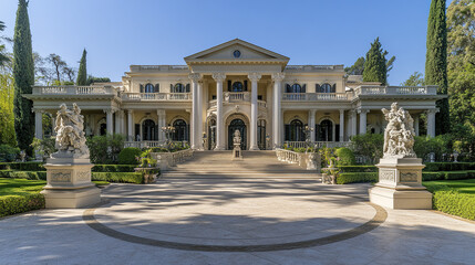 Obraz premium Grand Italianate villa with circular driveway and statues