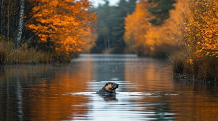 Fototapeta premium Wild Beaver in River with Autumn Colors Reflected in Water, Wildlife Nature Photography