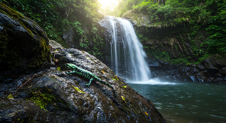 Obraz premium Emerald Salamander basking near a pristine waterfall in lush tropical rainforest