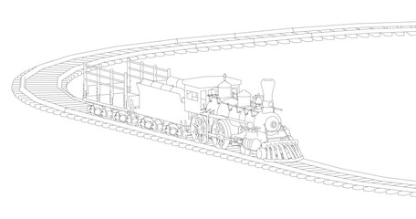 A train is traveling down a track. The train is black and white. The train is moving fast © German Ovchinnikov