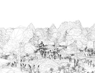 Fototapeta premium A mountain range is shown in black and white. The mountains are very tall and the sky is clear. The scene is peaceful and serene