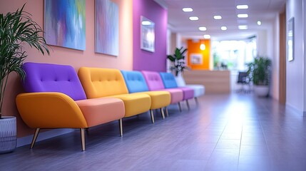 Fototapeta premium Colorful dental office waiting room with social distancing seats arranged for patient comfort in a modern healthcare environment
