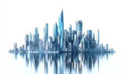 Fototapeta premium Futuristic city skyline reflected in water. Modern skyscrapers and buildings forming a dense urban landscape, with a mirrored reflection below