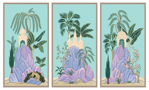 Fototapeta Hunting leopard, palm trees, floral tree, plant, architecture, violet mountain panels blue background. Oriental vintage mural.
