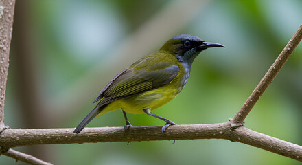 Fototapeta premium Graceful Orange-bellied Leafbird Perched on Branch Amidst Lush Green Canopy