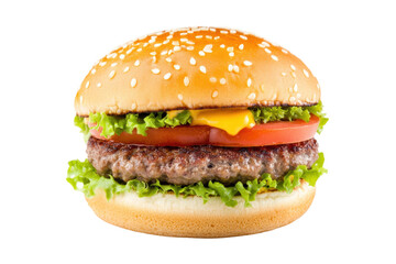 Delicious cheeseburger with lettuce, tomato, and sesame seed bun on black background, cut out
