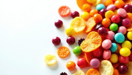 Pile of colorful candy, chips, and soda on white , fat, high angle