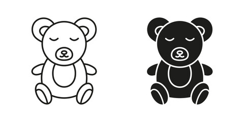 Sleeping Teddy Bear Line and Silhouette Icon Set. Childhood Comfort and Bedtime Toy Symbol. Cozy Plush Toy for Bedtime Rest. Editable Stroke. Isolated Vector Illustration