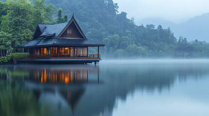 Obraz premium serene Thai lakeside house with its reflection in water